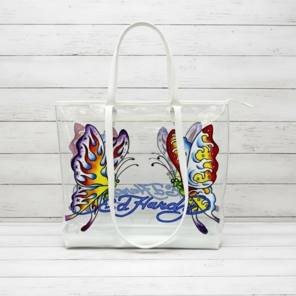 Ed Hardy Large Clear PVC Tote Bag with Butterfly Print and Zipper